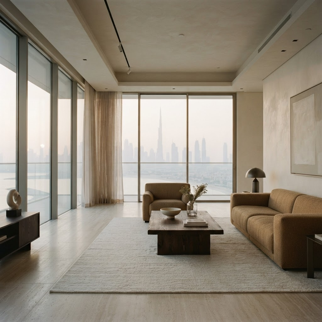 A serene Dubai residence at dawn in warm neutral tones